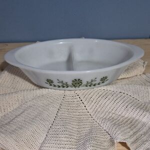 Vintage Glass Bake White Divided Serving Dish with Green Floral Design
